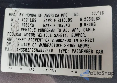 2017 Honda Accord Ex из США, поврежденный, VIN 1HGCR2F75HA006340